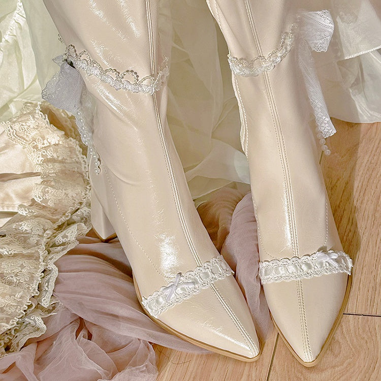 Beige Pointed Toe Laceand Beaded Chain Block Heel Knee-high Boots