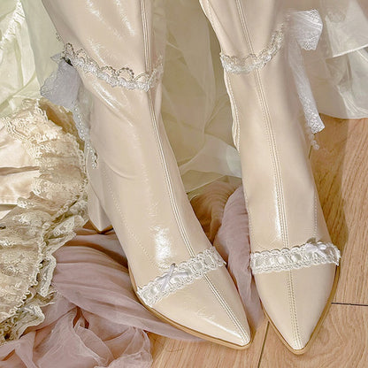 Beige Pointed Toe Laceand Beaded Chain Block Heel Knee-high Boots