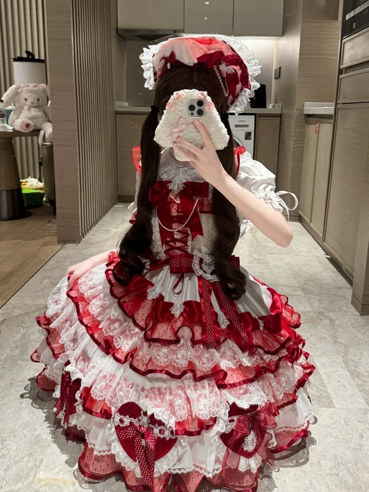 Dress Lolita Heart-shaped Layered Hanayome White and Princess Bows Skirt Jumper Red Decoration