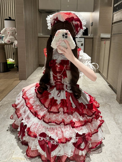 Dress Lolita Heart-shaped Layered Hanayome White and Princess Bows Skirt Jumper Red Decoration