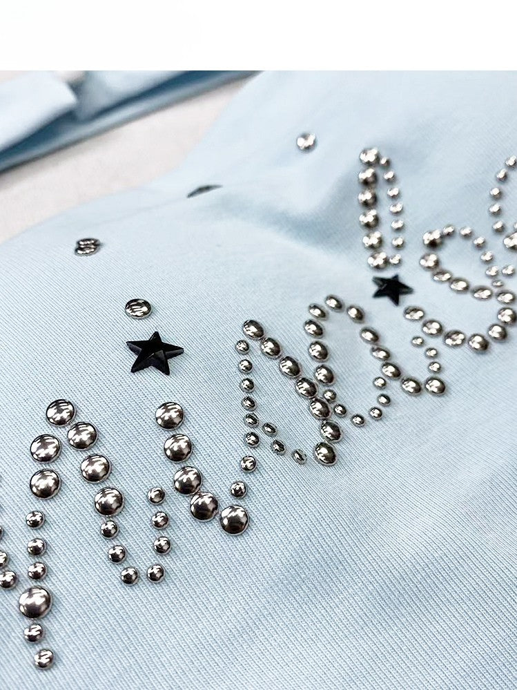 Top Hem Tube Rhinestone Decorated Letter Glamorous Y2K Blue Asymmetrical