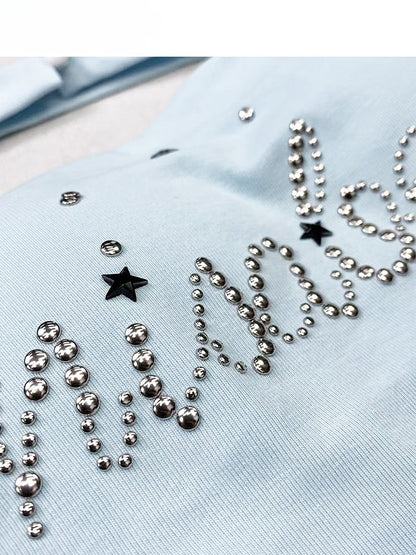Top Hem Tube Rhinestone Decorated Letter Glamorous Y2K Blue Asymmetrical