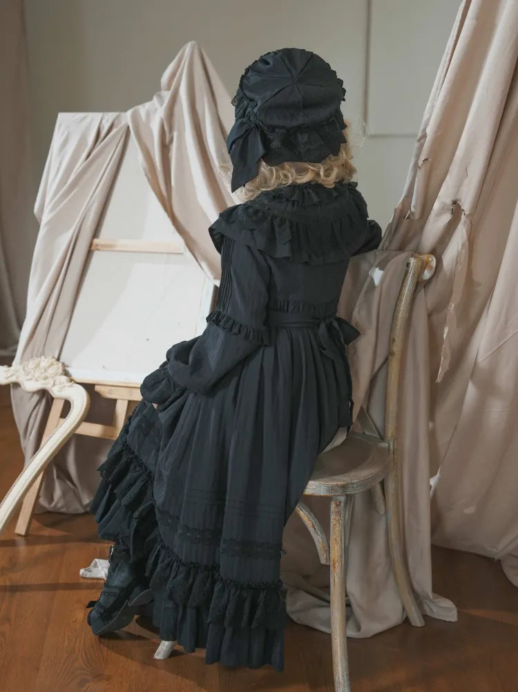 Layered Gothic Neck Kuro Ruffled Black Lolita Hemline Long All Ruffle Dress Sleeves