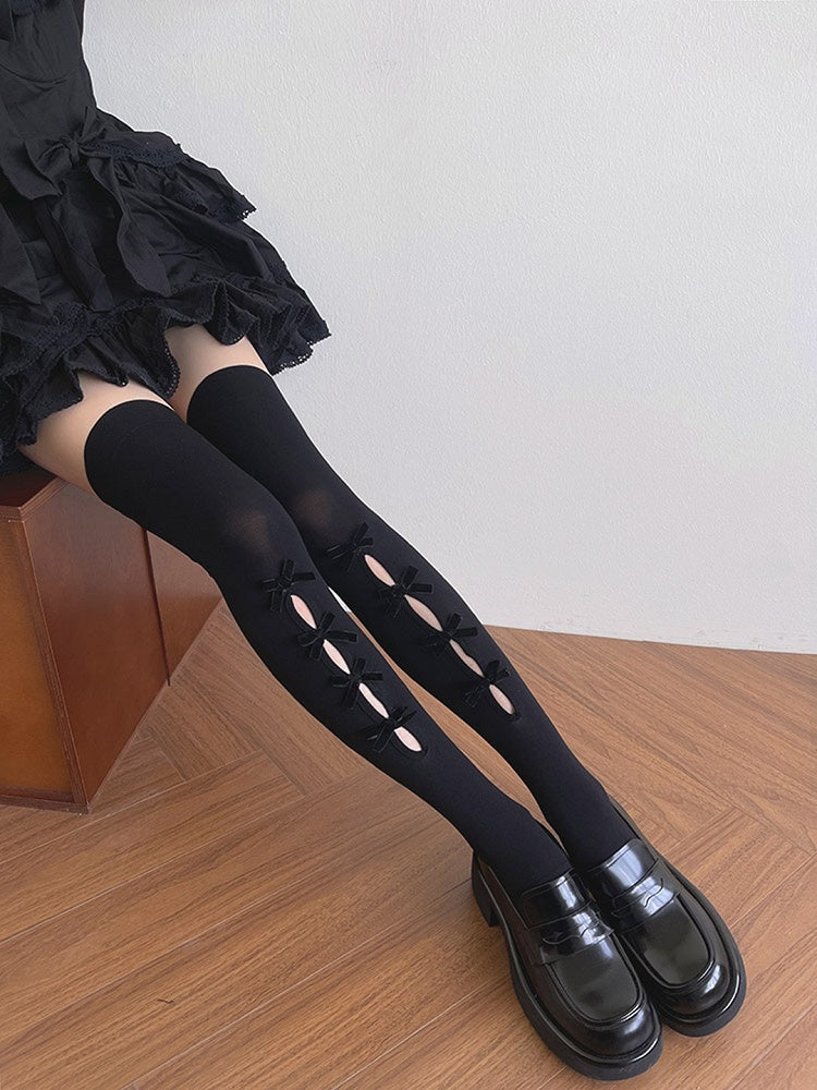 Bowknot Stockings Black/White Design Overknee Cut-out