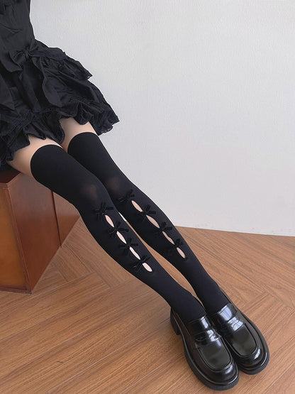 Bowknot Stockings Black/White Design Overknee Cut-out