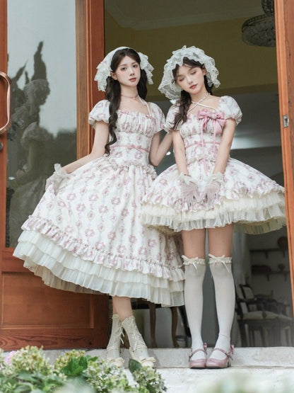 Full Version Rosette Short Classic Square Set Lolita Elastic Neckline OP Print