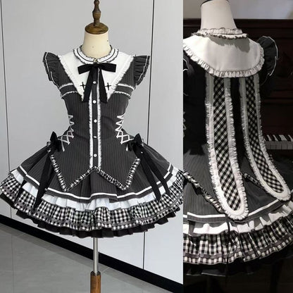 Gothic Lolita Sleeves Striped Flutter Ears Dark Gray Collar Dress at Bunny with Back