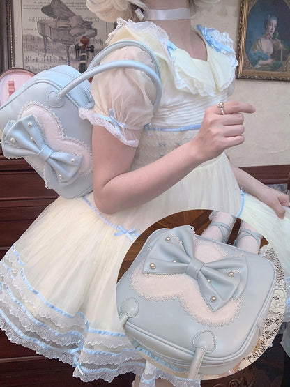 Heart Lolita Sweet Hand Plush Decorated Bowknot Blue Beaded Bag