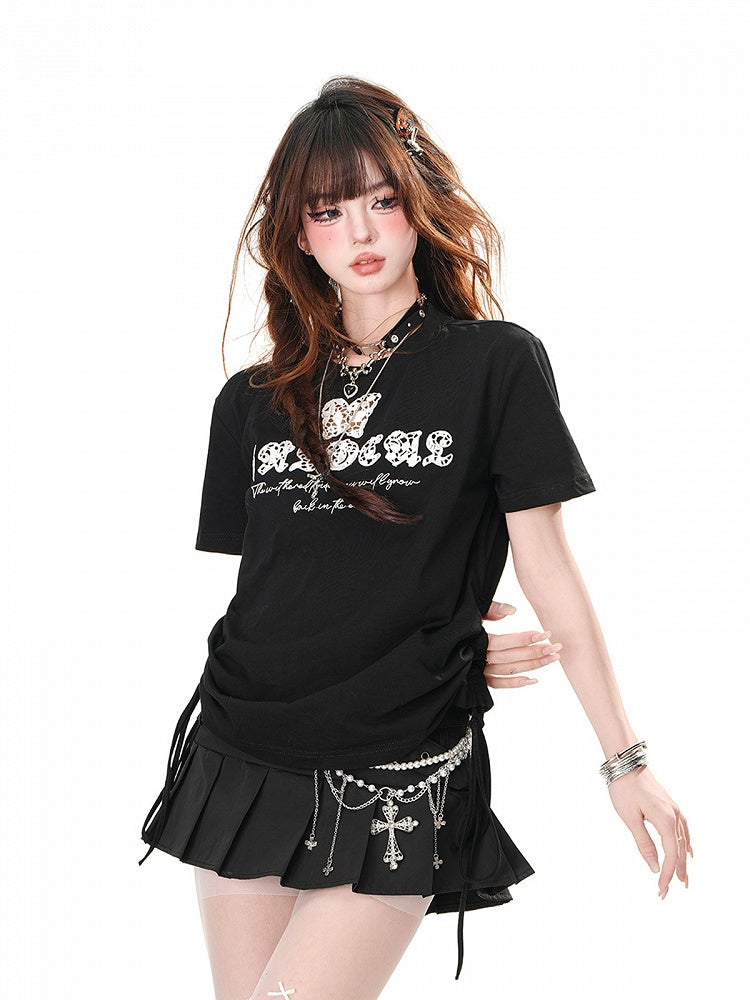Black/White Butterfly-Shaped Cutout Details Drawstring Waist Glamorous  T-Shirt