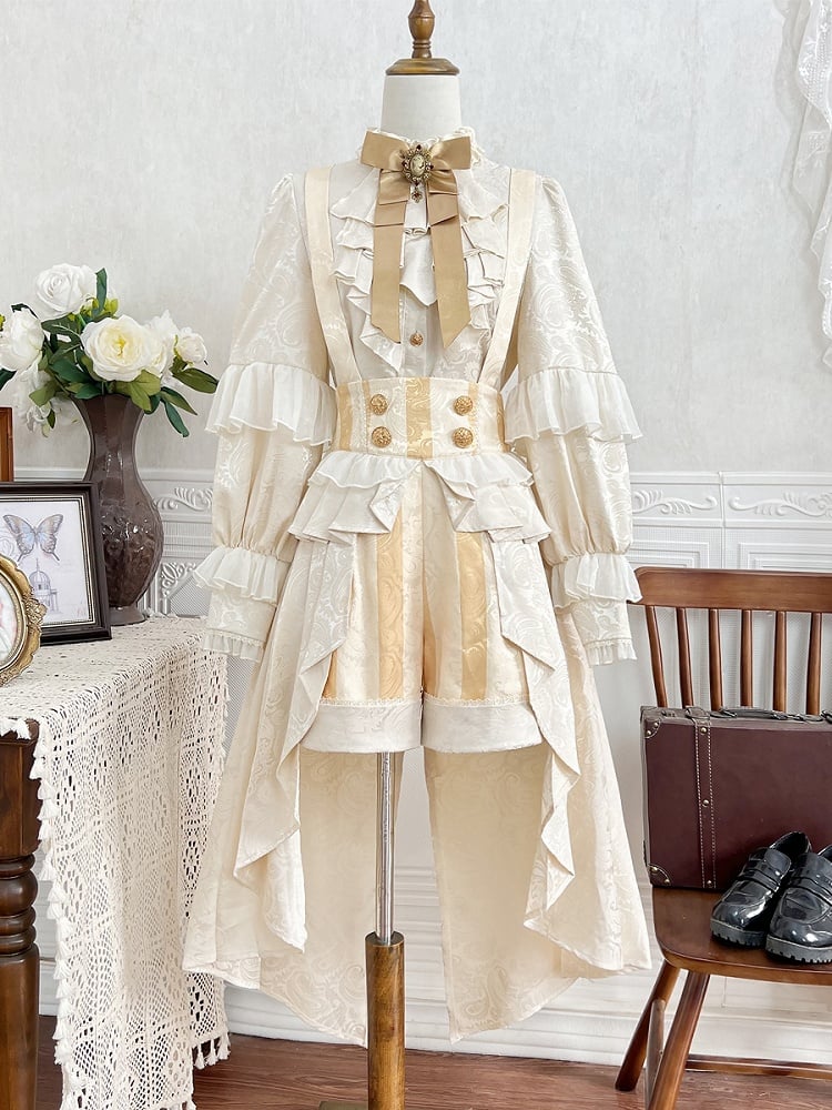 Champagne High Waist Striped Ouji Lolita Overall Shorts with Cascading Ruffle Train