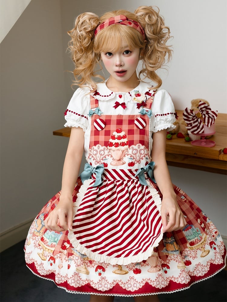 Robe salopette Sweet Lolita rouge cerise et dessert