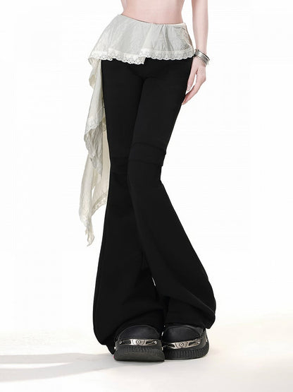 Hem Flared Pants Design Asymmetrical Black Elastic Waist Patchwork