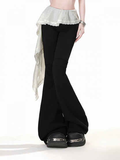 Black Elastic Waist Patchwork Design Hem Flared Pants Asymmetrical