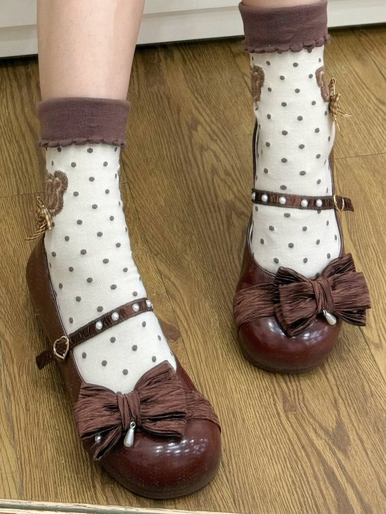 Top verzierte Schokoladenschleife Lolita-Zehenherz an runden Perlenschuhen mit Schnalle in Braun
