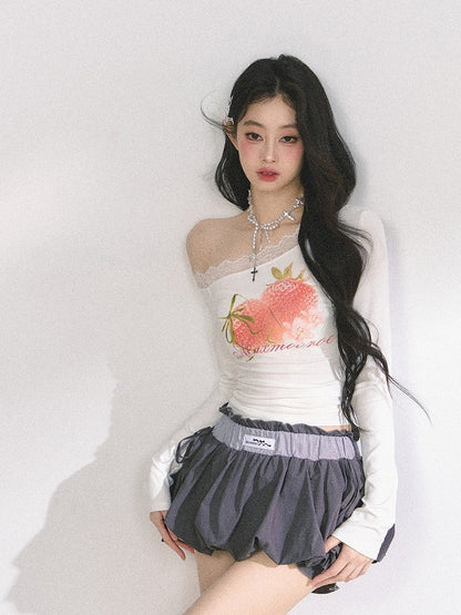 White Asymmetrical Neckline Strawberry Print Top