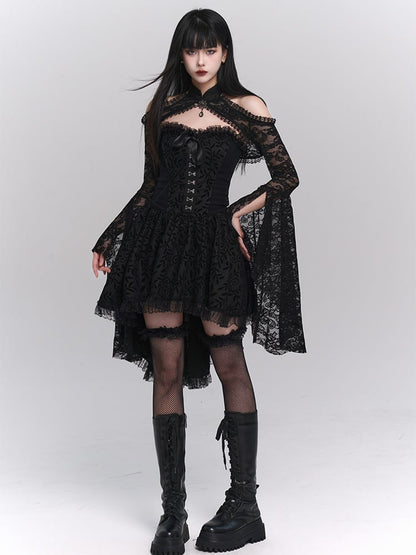 Gothic Black Banded Collar Bell Sleeves Lace Shrug
