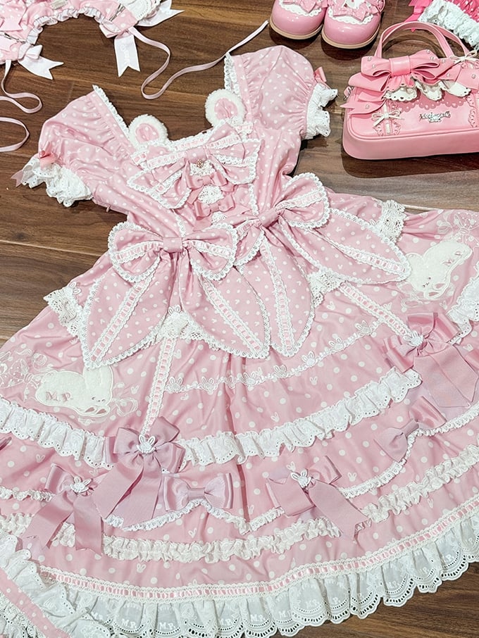Bunny Pink Plush Ears Pattern Sweet Dots Neckline Version Gorgeous Dress Polka Light Lolita