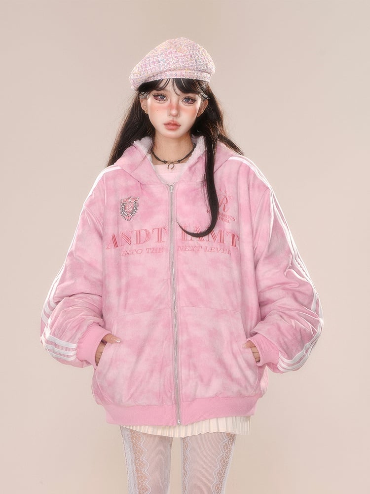 Pink Blue Letter Reversible Thick Hooded Jacket