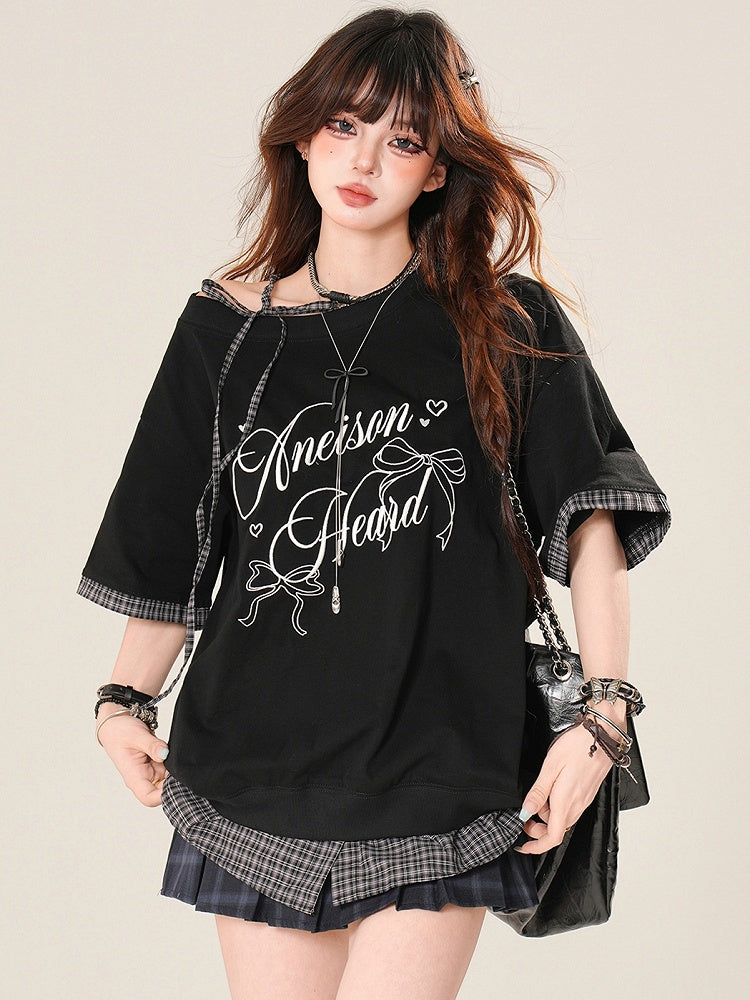 Pattern Strap Bittersweet Self-tie Plaid T-shirt Black Asymmetrical Neckline