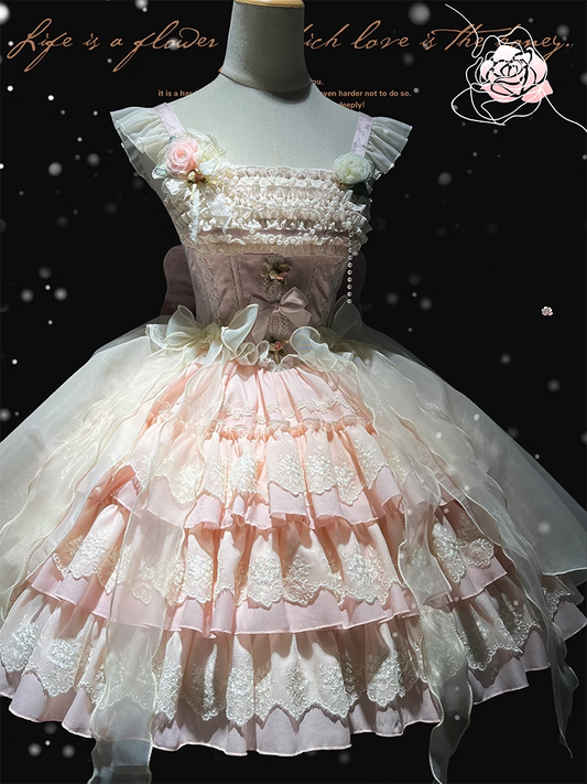 Fabric Jacquard Skirt Tiered Lolita Dress Jumper Balletcore Sweet Rosette Pink Accents