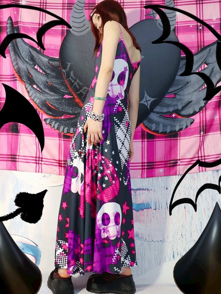 Kuro Kawaii Black Skeleton and Star Print Cami Dress Plaid Heart Pattern