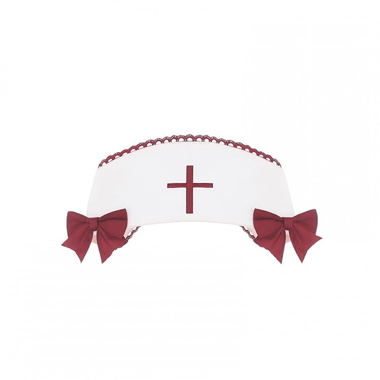 Cap Bow Nurse White Embroidery and Cross Decoration Red for Halloween with