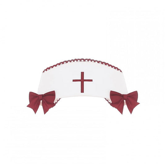 Cap Bow Nurse White Embroidery and Cross Decoration Red for Halloween with