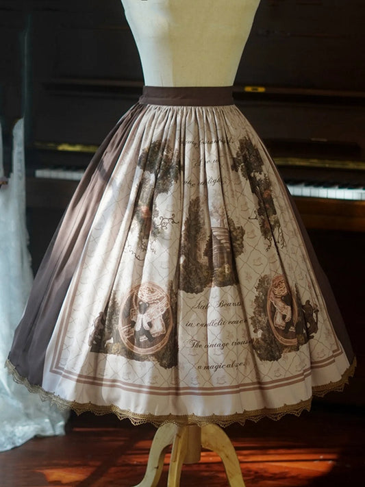 Forest Tree House Print Brown Lolita Skirt