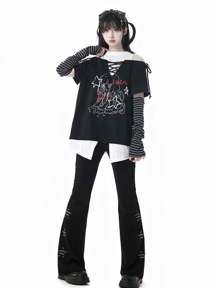 Black Star Appliques Flared Pants