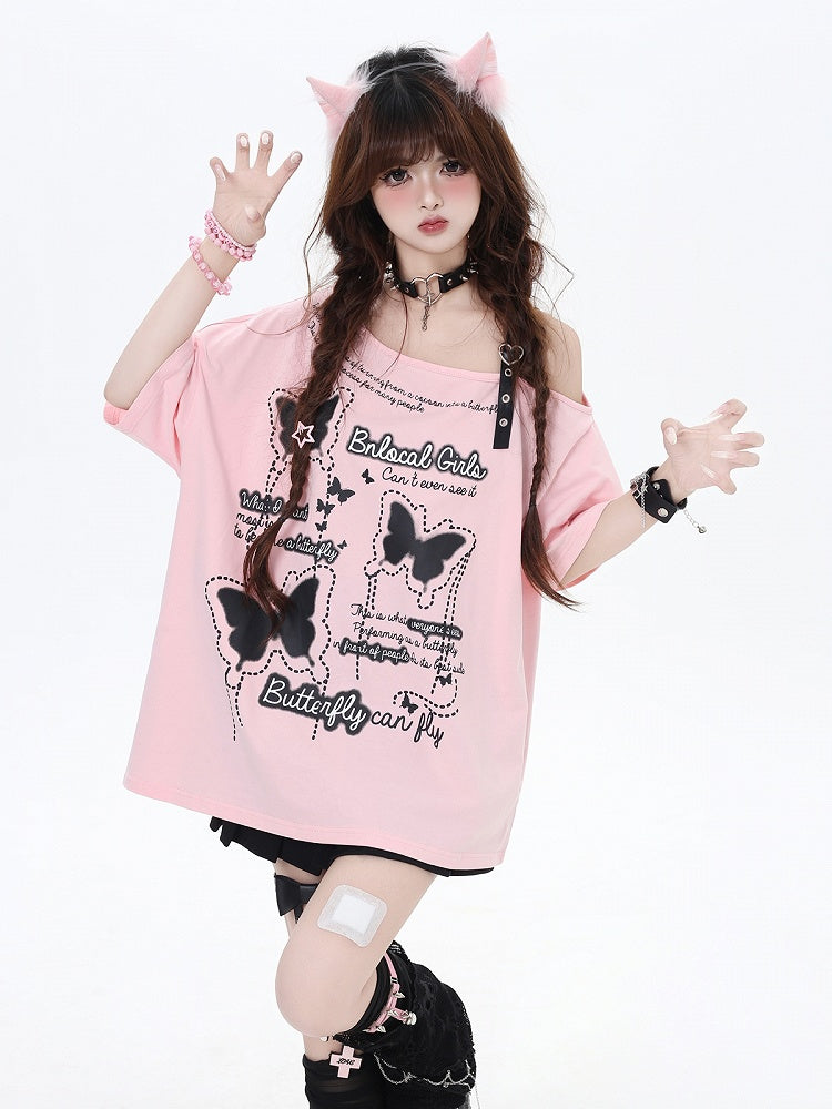 Asymmetrical Neckline Butterfly Print Heart Buckle Black/Pink T-Shirt Loose