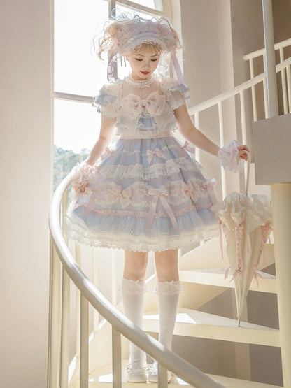 Gestreiftes Schleifenmuster Süß verziertes Kleid Lolita Blau Rosa