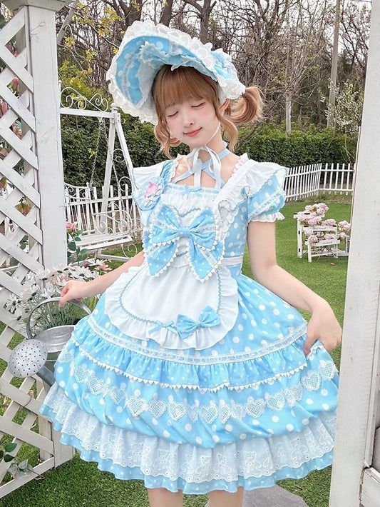 with Sleeves Apron Square Blue Polka Short Dress Lolita White Neckline Dots