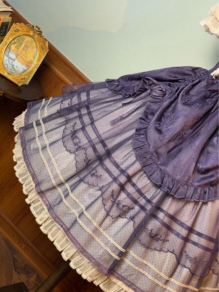 Purple Square Neckline Feather Jacquard Drawstring Skirt Classic Lolita Dress