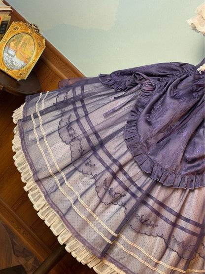 Purple Square Neckline Feather Jacquard Drawstring Skirt Classic Lolita Dress