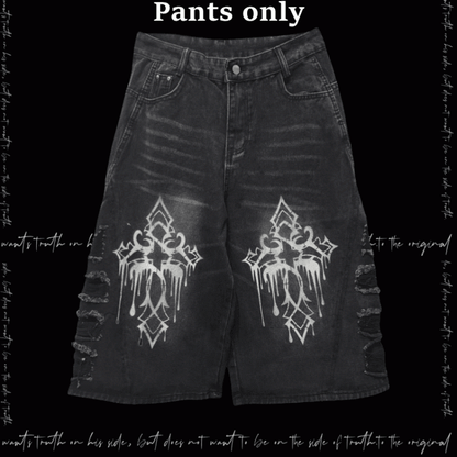 Wide-Leg Jeans Hem Raw Dark Gray Cross Print Distressed Holes