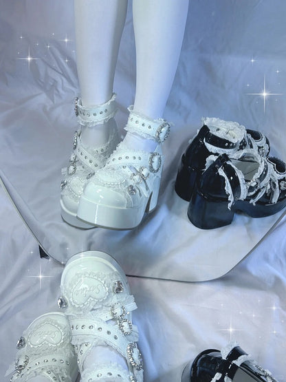 Heel White with Lace-Trimmed Jirai Cross Toe Kei Strap Round Block Platform Shoes: and Chunky
