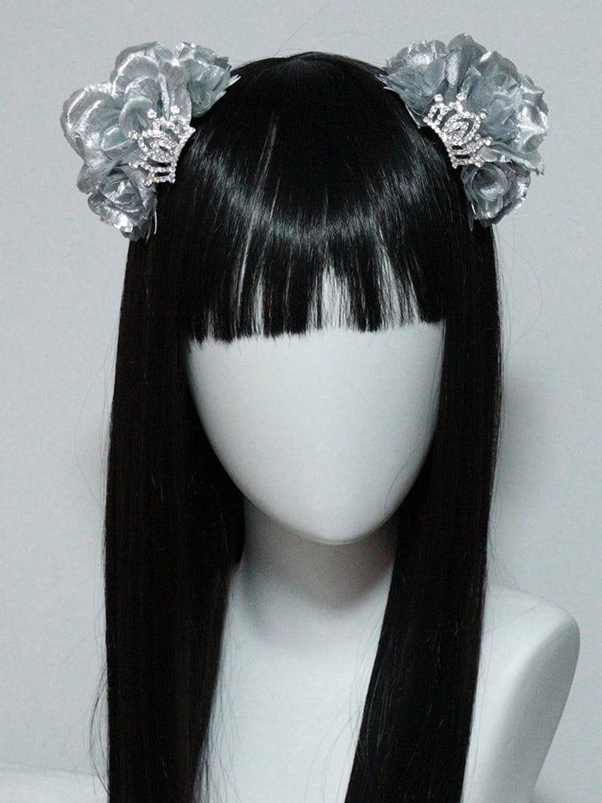 Crown Black/Silver Hairclips Design Ear Decorated Floral Bear