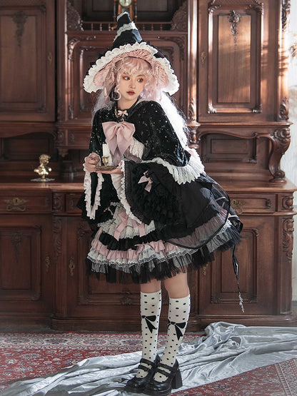 Black and Pink High Waist Sweet Witchy Dress Lolita Jumper Skirt Full Set