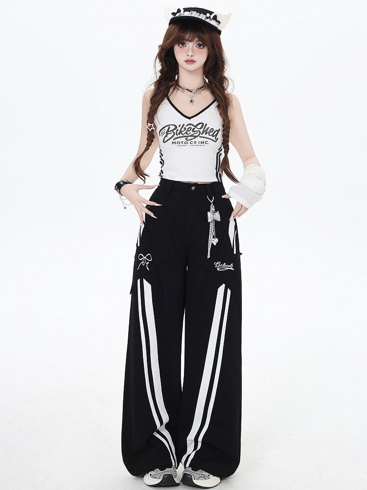 Black High Waist White Stripes Straight-leg Cut Pants