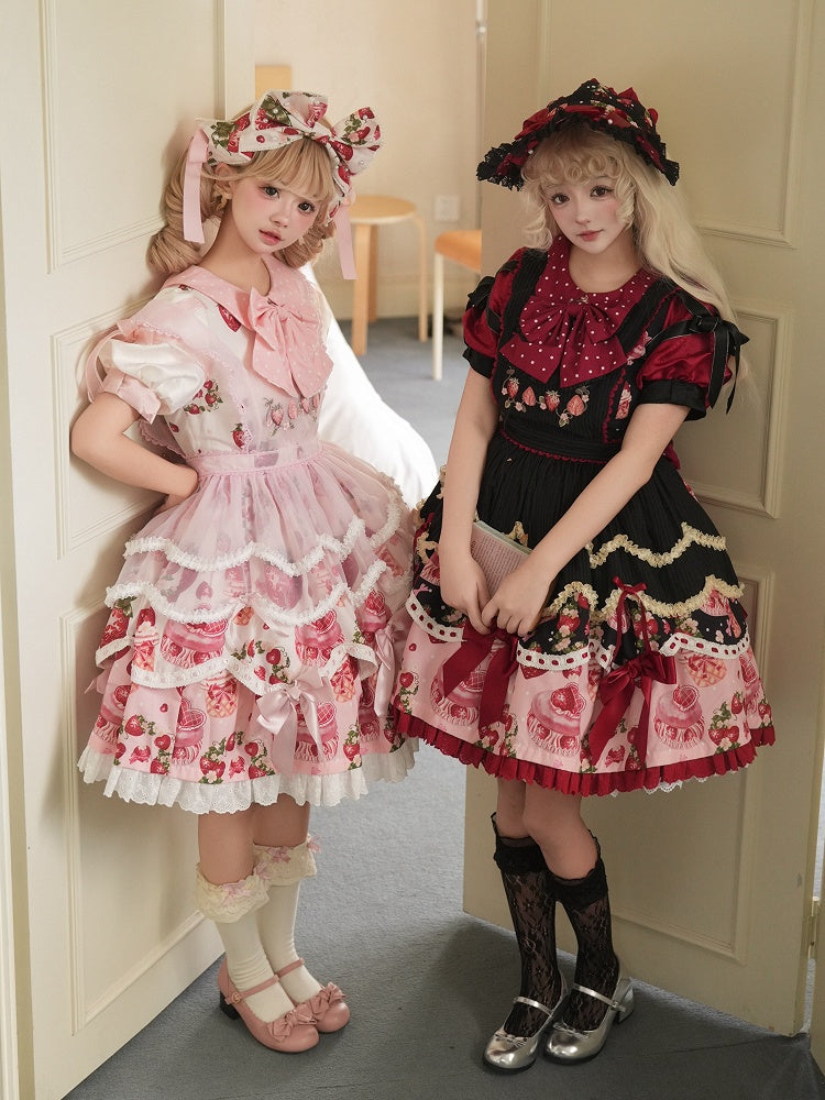 Ensemble complet Lolita une pièce à imprimé fraise noir et rouge avec col Peter Pan