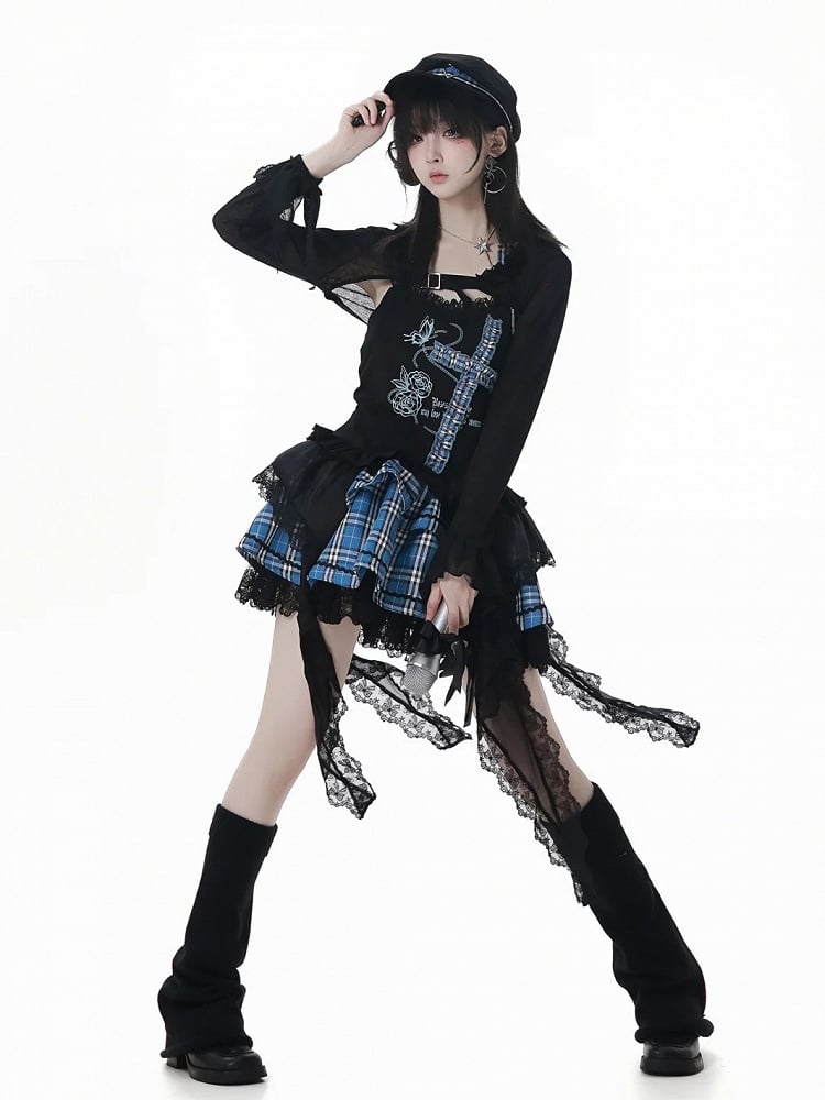 Print Design Butterfly Handkerchief Hem Idol Blue Plaid Criss-cross Halter Top Black and Rose
