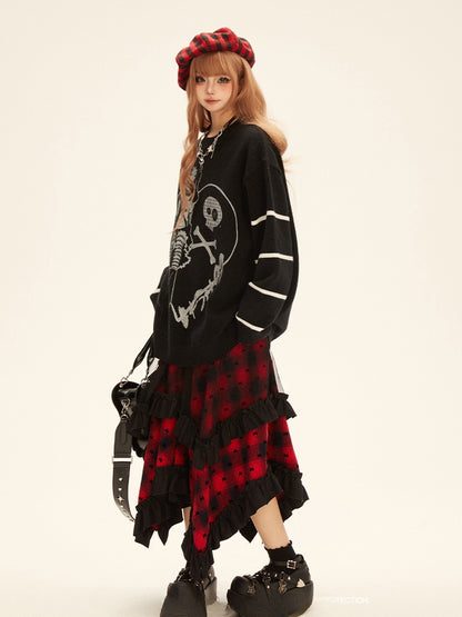 Red Plaid Pattern Asymmetrical Ruffled Hem Skirt Y2K