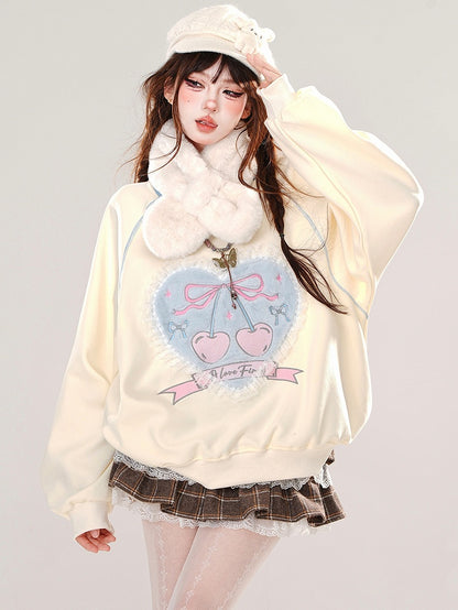 Apricot Lace Trim Heart Applique Round Neck Loose Sweatshirt