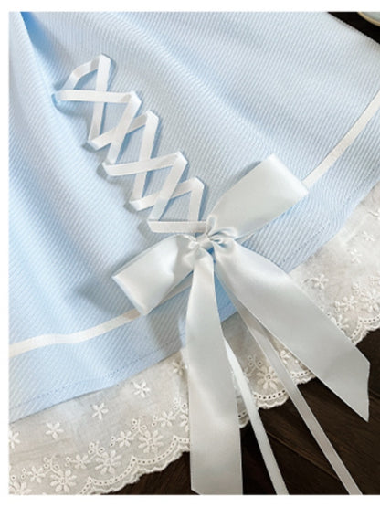 Illusion Skirt Shoulder Blue Criss-cross Open White Design Top+ Neckline Kei Set Jirai