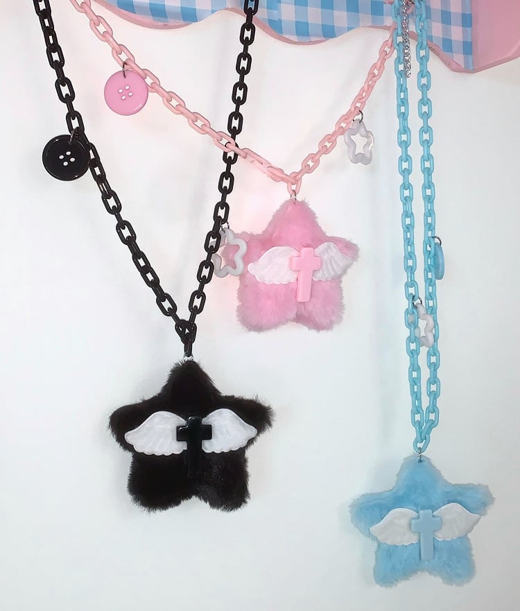 Black/Pink/Blue Plush Star Wing Cross Pendant Necklace