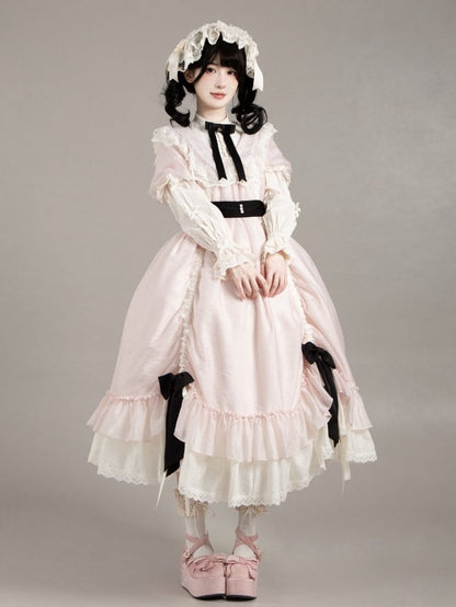 Loose Drawstring Pink Sleeves Lolita Rosette Embroidery Short Details Dress with