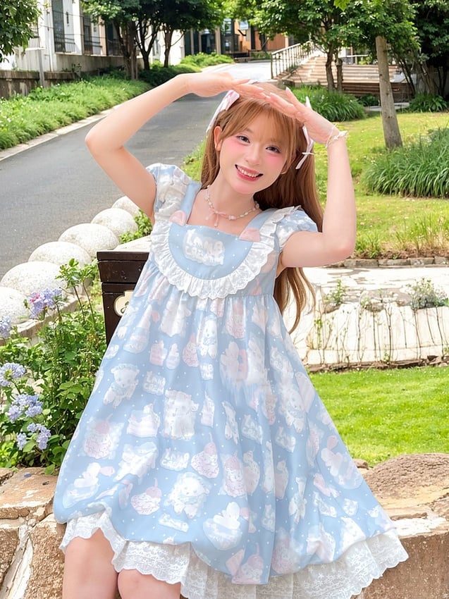 Adorable Lamb Print Sweet Lolita Dress Blue Square Neck Puff Sleeve