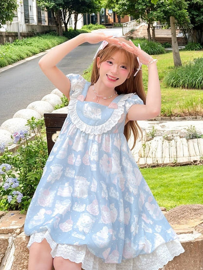 Adorable Lamb Print Sweet Lolita Dress Blue Square Neck Puff Sleeve