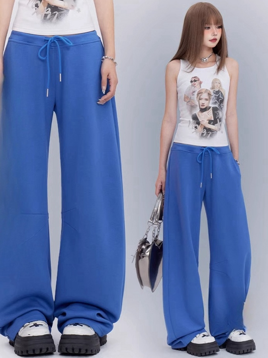 Blue Drawstring Waist Loose Straight-leg Sweatpants