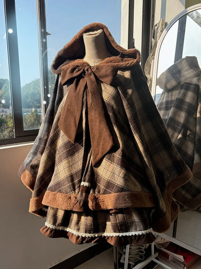 Brown Plaid Pattern Self-tie Big Bow Neckline Hooded Cape Coat